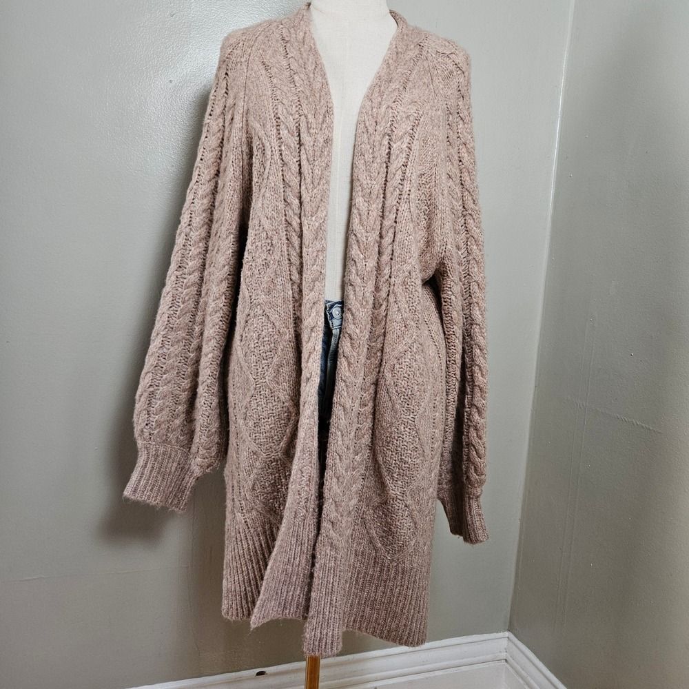 NEW A New Day Long Chunky Cardigan Sz L Open Front Cable Knit Tan Blush NWT